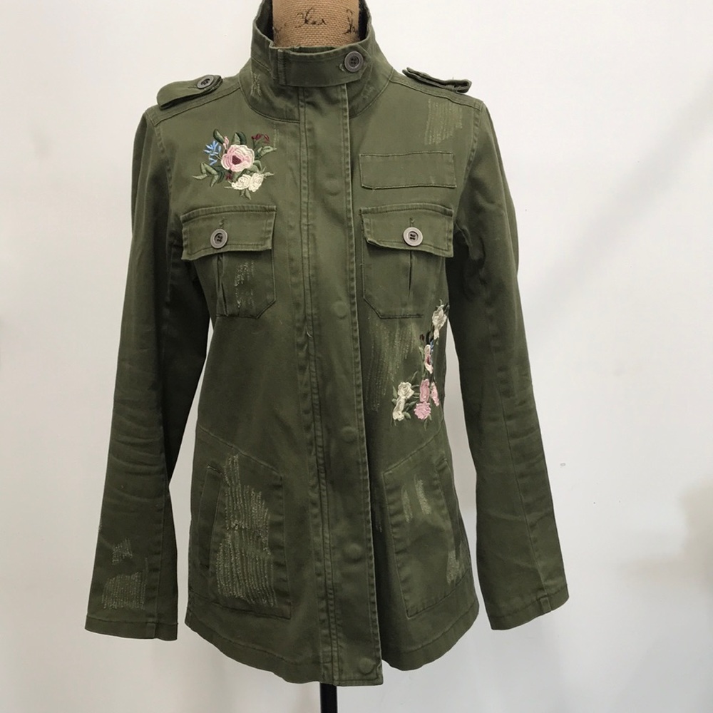 Kersh Military Utility Jacket Olive Army Green with Embroidered Flowers
